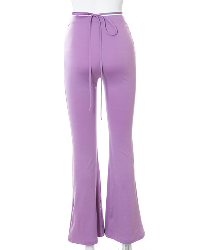 Fashion Solid Color Criss Cross V Shape Waist Bell-bottom Pants XS-L 