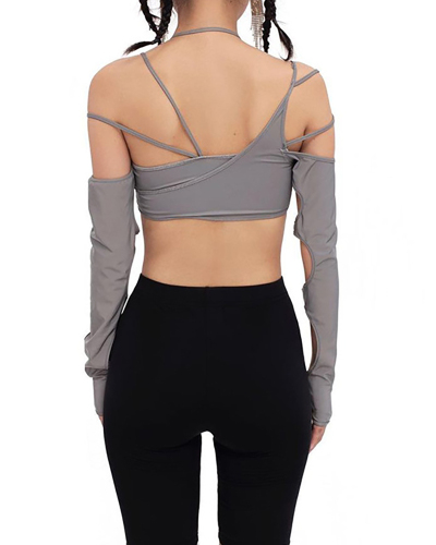 Women Sexy Strappy Halter Neck Summer Solid Color Hollow Out Crop Tops Gray S-L