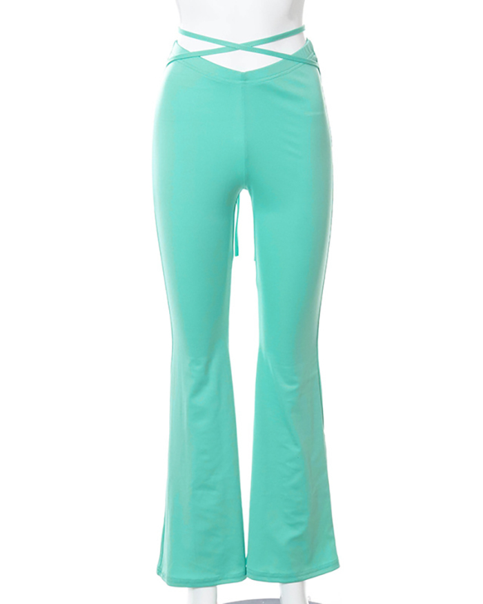 Fashion Solid Color Criss Cross V Shape Waist Bell-bottom Pants XS-L 
