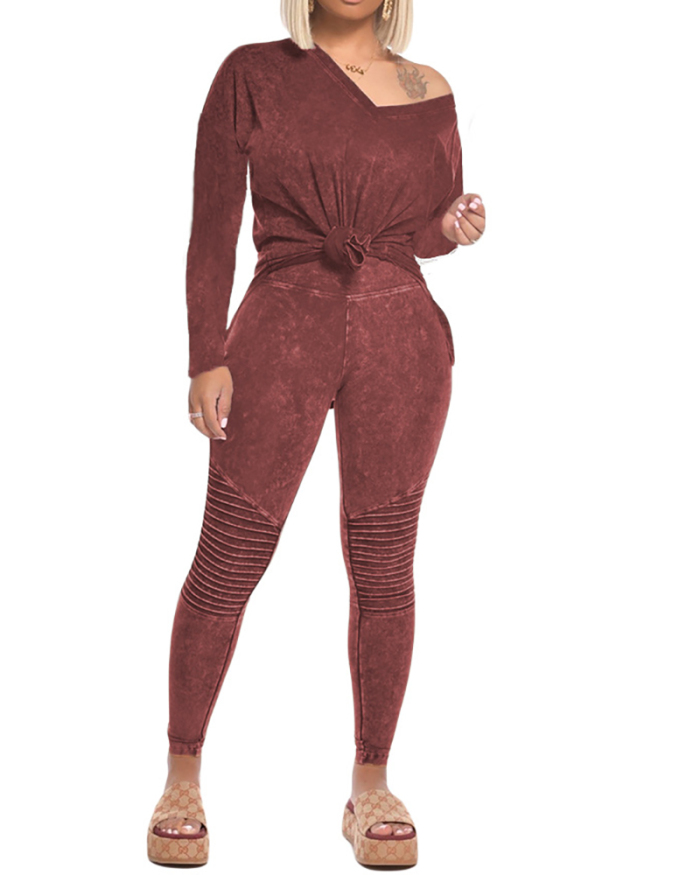 Fashion Loose Clothes Set Women Two-pieces Outfits V-neck Long Sleeve Tops Long Pants Casual Playsuits Set Clothes Brown Blue Wine Red S-2XL