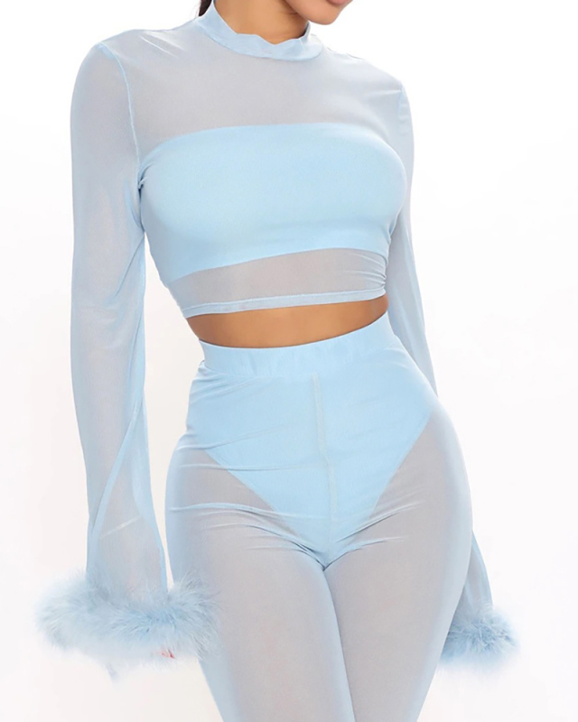 Lady Solid Color Mesh See Through Two Piece Set (No Include Inside) 