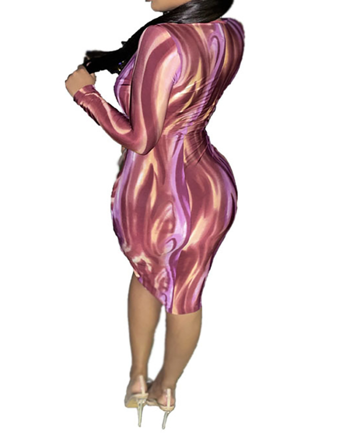 Colorful Printed Deep V Neck Cut Out Hip Bodycon Long Sleeve Clubwear Mini Dress S-2XL