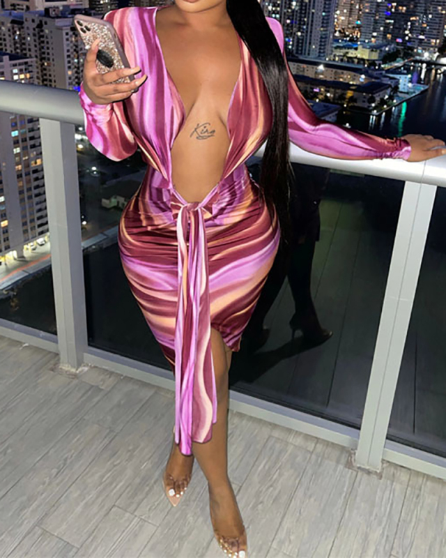 Colorful Printed Deep V Neck Cut Out Hip Bodycon Long Sleeve Clubwear Mini Dress S-2XL