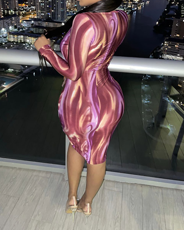 Colorful Printed Deep V Neck Cut Out Hip Bodycon Long Sleeve Clubwear Mini Dress S-2XL