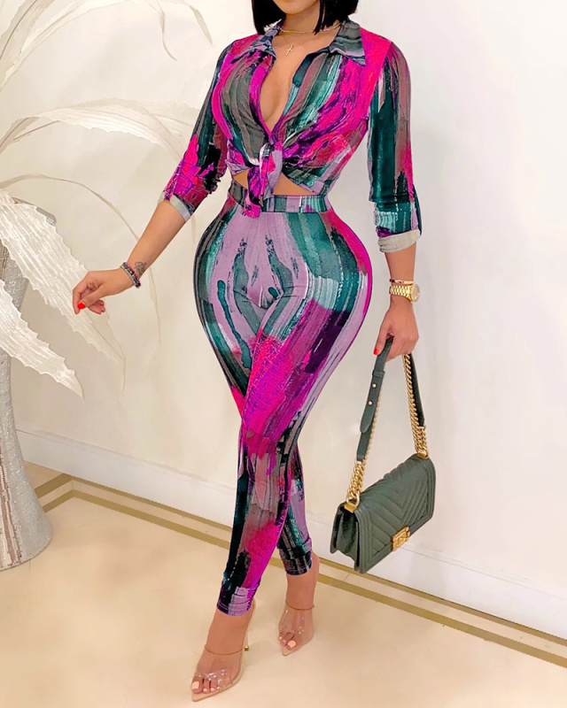 Women Long Sleeve Printed Turn-down Collar Two Pieces Outfit Orange Rosy Red S-2XL