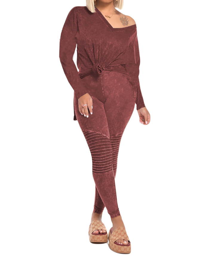 Fashion Loose Clothes Set Women Two-pieces Outfits V-neck Long Sleeve Tops Long Pants Casual Playsuits Set Clothes Brown Blue Wine Red S-2XL