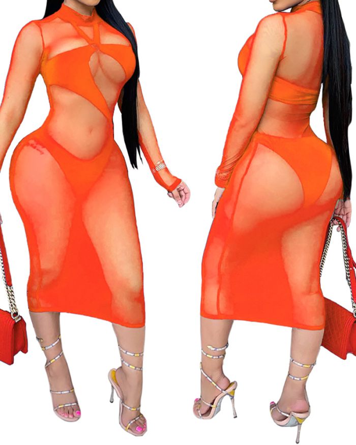 Solid Color Women Sexy Bikini Mesh See Through Club Wear Mini Dress Two Pieces Outfit Blue Black Orange S-XL