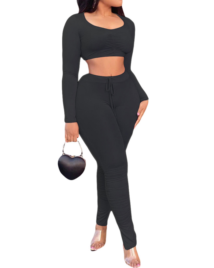 Ladies Fashion New Leisure Sports Two-Piece Suit Solid Color S-XXL