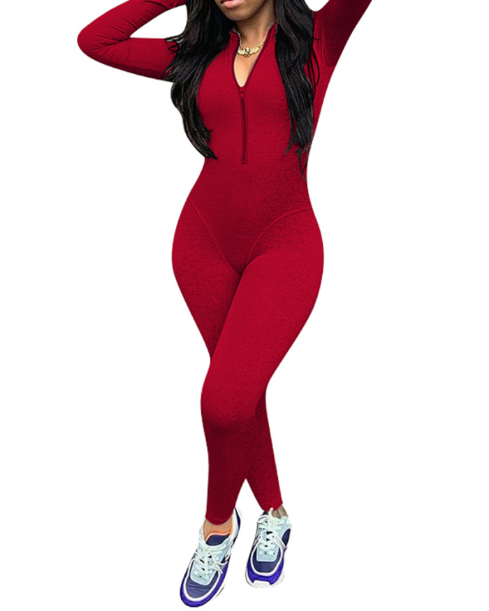 Ladies Fashion New Long-Sleeved Solid Color Finger Zip Jumpsuit S-XXL