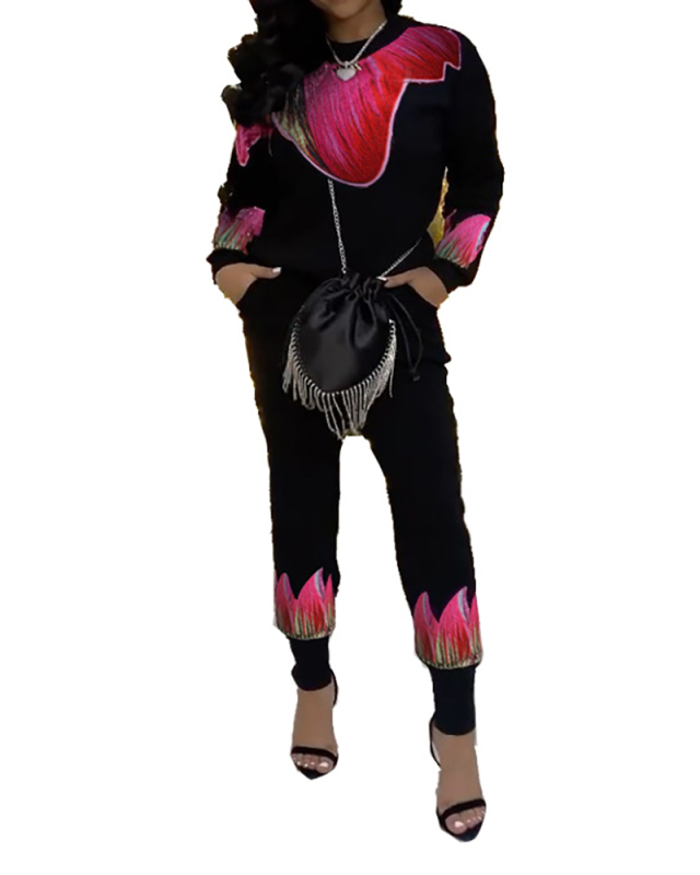 Women Causal Street Style Printing Two Piece Set Black S-2XL 