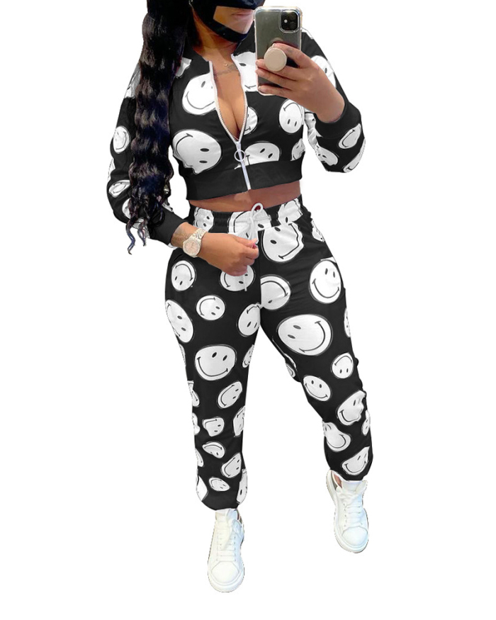 Ladies Fashion Digital Printed Sports Suit Smiley Pattern Long Sleeve Zipper Two-Piece Set S-XXL