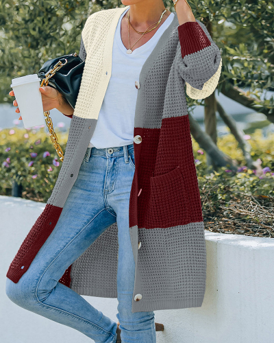 Women's Pattern Open Front Long Sleeve Ovesized Long Crochet Colorblock Cardigans Gray Blue Wine Red S-XL