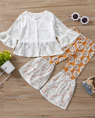 White Lace Cute Girl Two Piece Pant Set