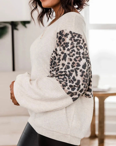 Women Fashion Long Sleeve Leopard Patchwork Crewneck Sweatshirts For Women Khaki White Black S-XL