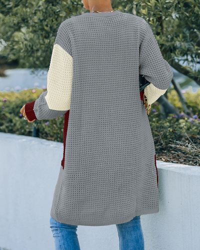 Women's Pattern Open Front Long Sleeve Ovesized Long Crochet Colorblock Cardigans Gray Blue Wine Red S-XL