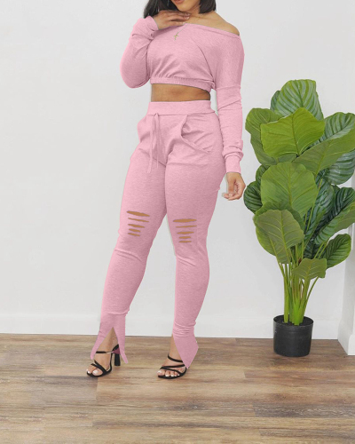 Womens Fashion Off Shoulder Long Sleeve Crop Tops Solid Color Hollow Out Pants Sets Two Pieces Outfit Gray Pink S-2XL