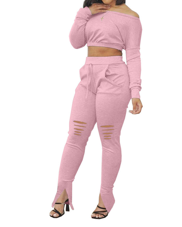 Womens Fashion Off Shoulder Long Sleeve Crop Tops Solid Color Hollow Out Pants Sets Two Pieces Outfit Gray Pink S-2XL