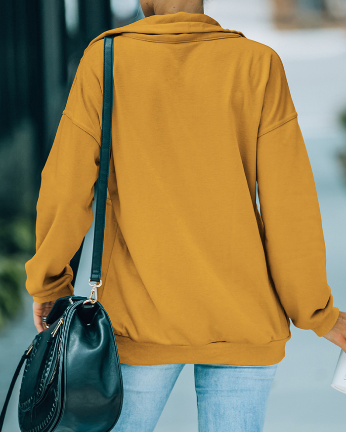 New Women Long Sleeve Autumn Wear Half Zipper Pocket Solid Color Pollover Sweatshirts Gray Yellow Green Khaki S-XL