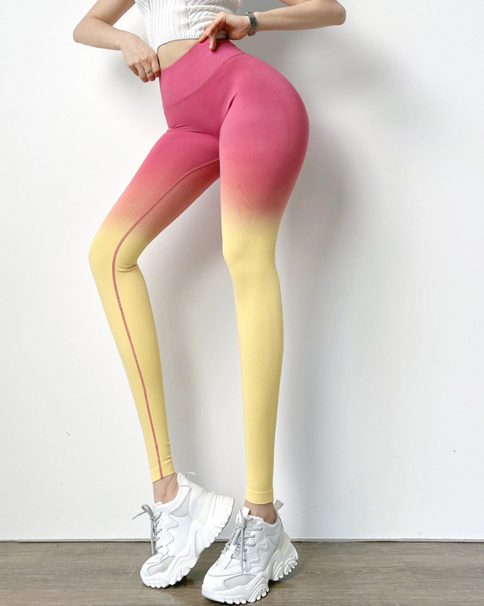 Ladies Fashion New Gradient Color Hip Lifting Elastic Sports Tight High Waist Yoga Pants S-L