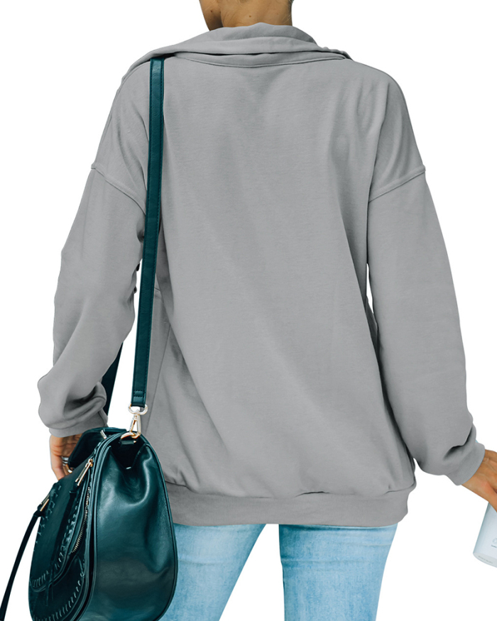 New Women Long Sleeve Autumn Wear Half Zipper Pocket Solid Color Pollover Sweatshirts Gray Yellow Green Khaki S-XL