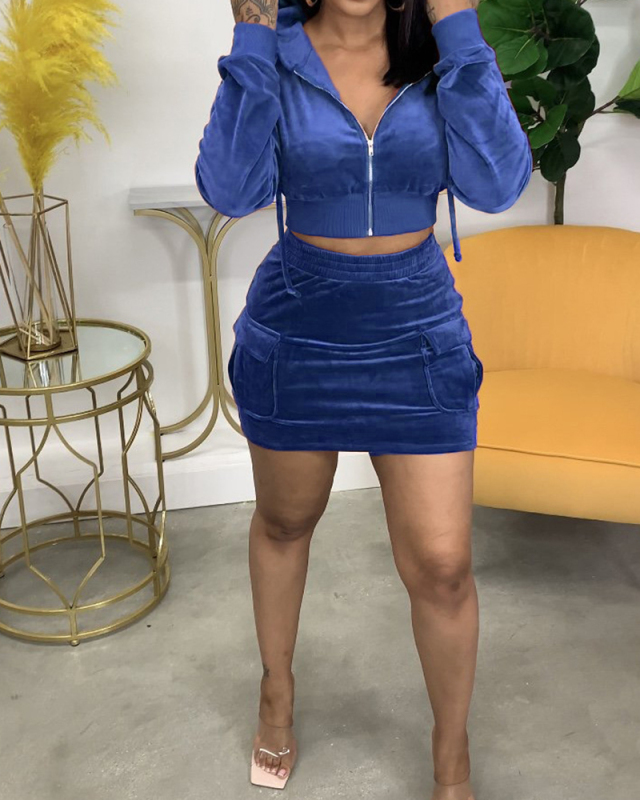 Ladies Solid Color Long Sleeve Zipper Crop Tops Big Pocket Skirt Sets Two Pieces Outfit Gray Black Coffee Wine Red Blue S-2XL