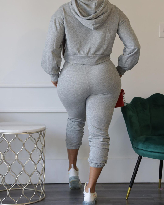 Fashion Hollow Out Long Sleeve Solid Color Hoodies Pants Sets Two Pieces Outfit Gray S-2XL