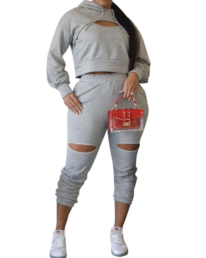 Fashion Hollow Out Long Sleeve Solid Color Hoodies Pants Sets Two Pieces Outfit Gray S-2XL