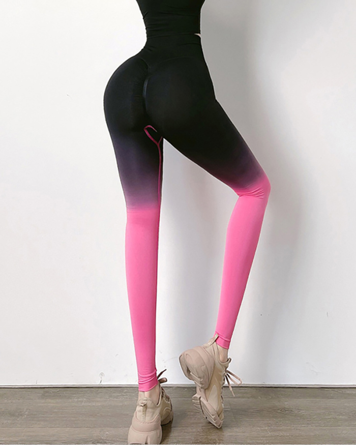 Ladies Fashion New Gradient Color Hip Lifting Elastic Sports Tight High Waist Yoga Pants S-L