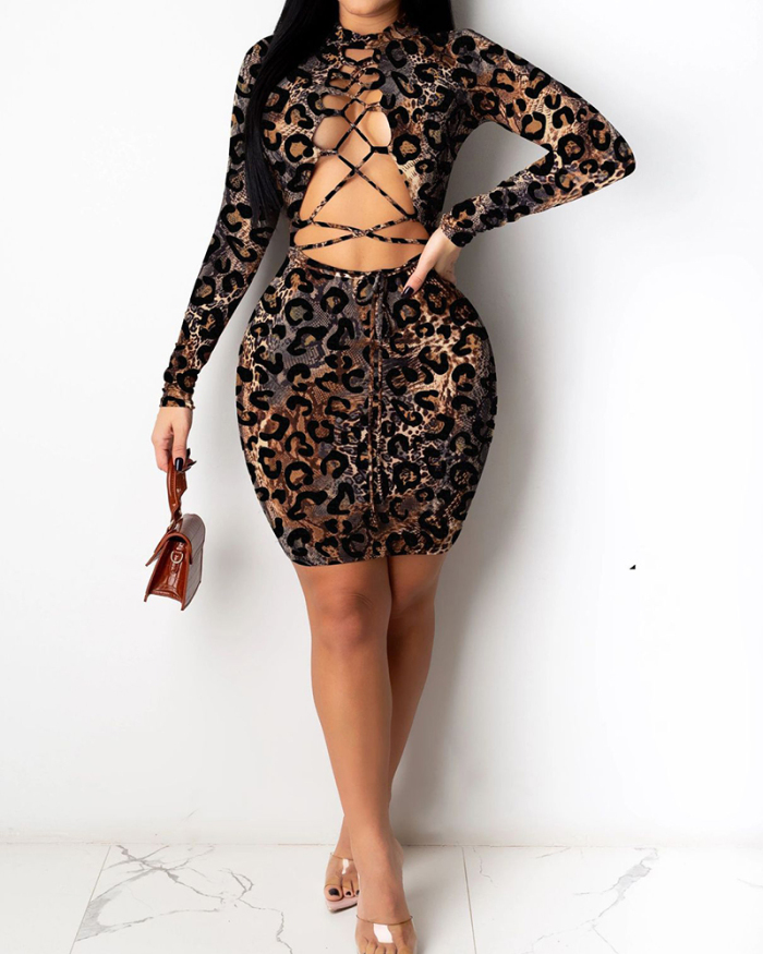 Women Sexy Long Sleeve Leopard Strappy Hollow Out Front Bodycon Dress Mini Dress Club Wear S-XL