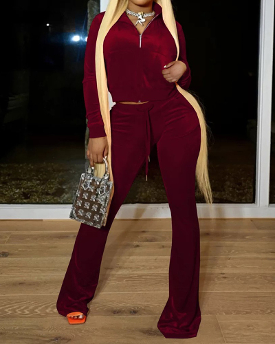 Women's Solid Color Long Sleeve Zipper Crop Coats Flared Pants Sets Two Pieces Outfit Black Pink Royal Blue Wine Red White S-2XL