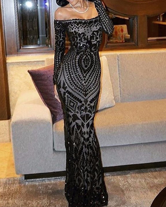 Women Long Sleeve Off Shoulder Sequin Lace Gown Evening Dress White Black S-XL