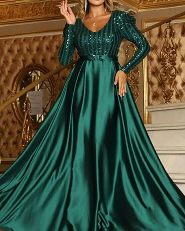 Womens Newest Formal Long Sleeve Sequin V Neck Big Hem Floor-length Evening Dress Khaki Green Black Silver Beige Apricot M-4XL