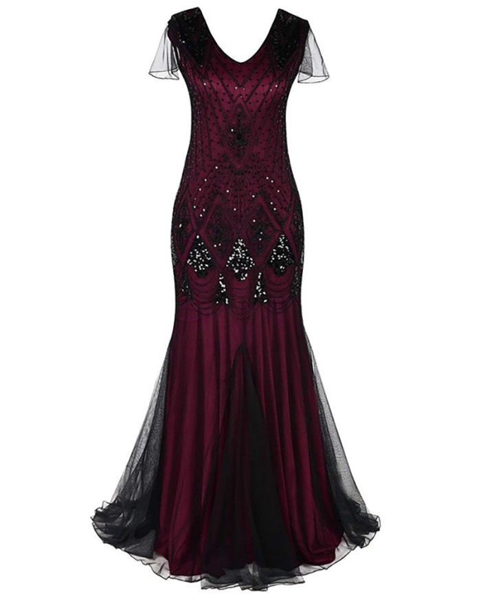 Elegant Women V-Neck Mesh Sleeve Sequin Lace Floor-length Evening Dress Wedding Dress S-2XL