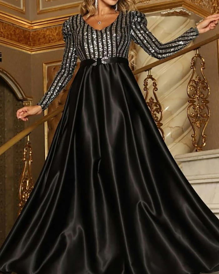Womens Newest Formal Long Sleeve Sequin V Neck Big Hem Floor-length Evening Dress Khaki Green Black Silver Beige Apricot M-4XL