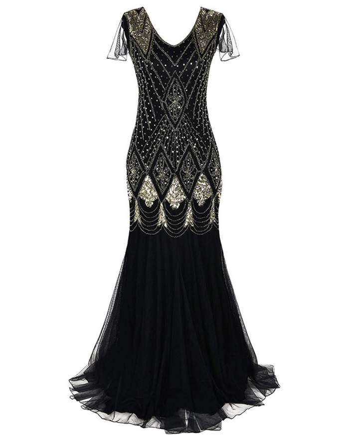 Elegant Women V-Neck Mesh Sleeve Sequin Lace Floor-length Evening Dress Wedding Dress S-2XL