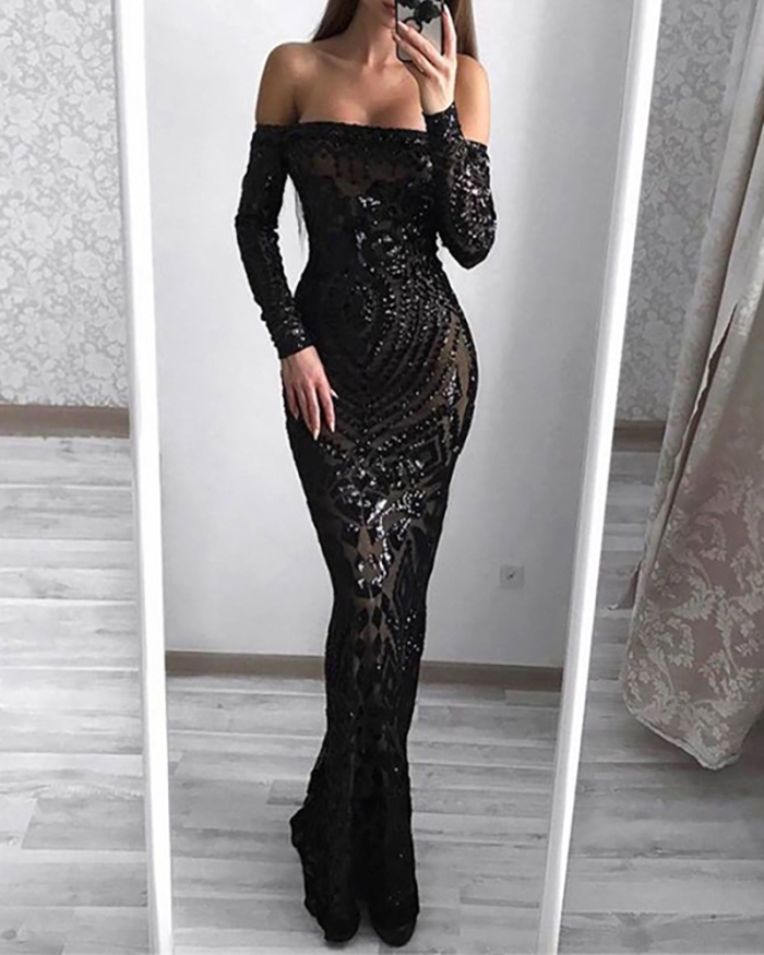 Women Long Sleeve Off Shoulder Sequin Lace Gown Evening Dress White Black S-XL