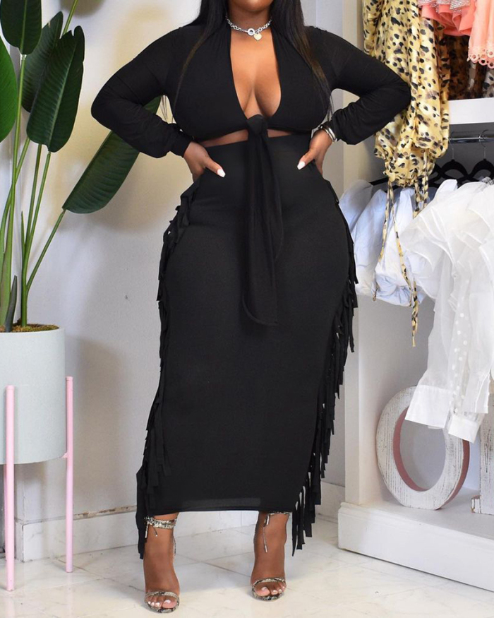 Women V Neck Long Sleeve Solid Color Side Tassel Skirt Sets Two Pieces Outfit Black Brown S-2XL