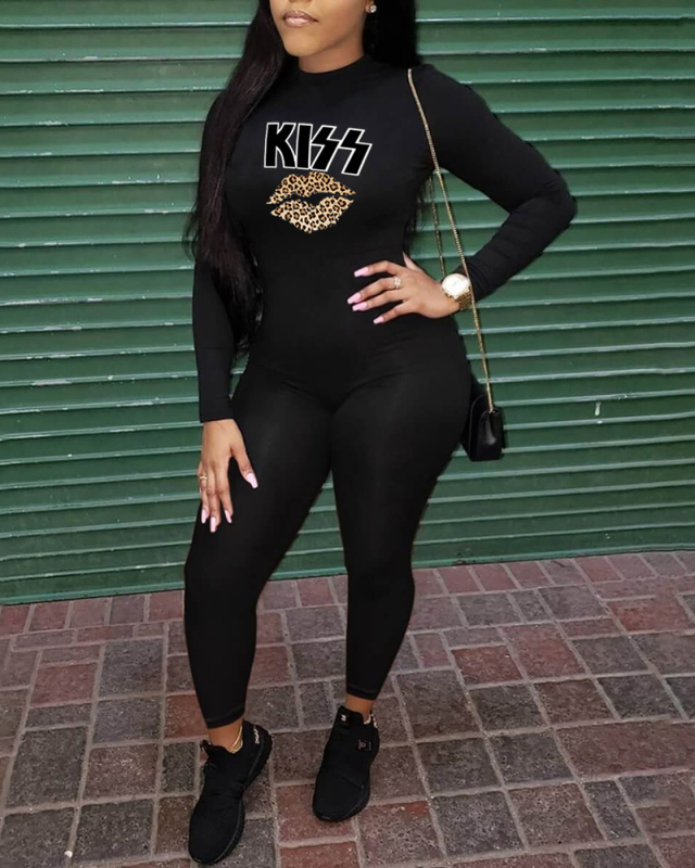 Ladies Fashion New Casual Lip Letter Print Jumpsuit S-XXL