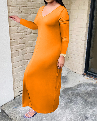 Women Solid Color Long Sleeve V-neck Maxi Plus Size Dresses White Black Orange Wine Red Gray XL-5XL