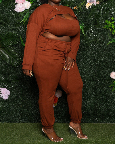 Womens Fashion Solid Color Long Sleeve Pit Article Fabrics Plus Size Three Pieces Black Orange XL-5XL