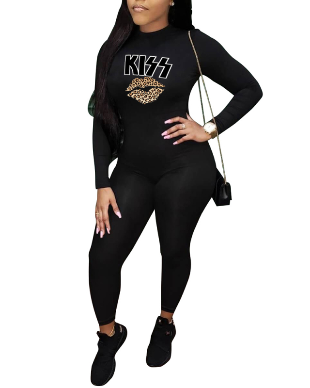 Ladies Fashion New Casual Lip Letter Print Jumpsuit S-XXL