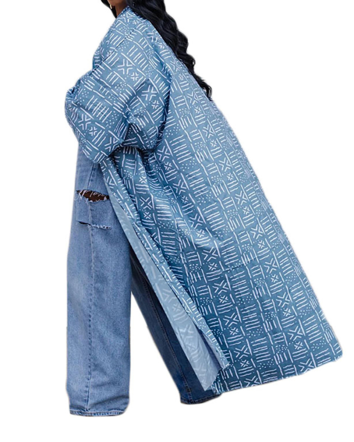 Women Fashion Long Sleeve Blue Shirts Plus Size Top Coat L-4XL