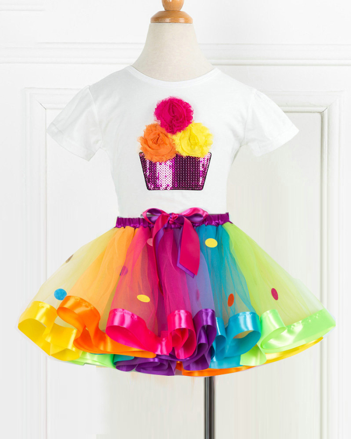 Summer Girls Rainbow Clothing Sets Casual Cotton Short Sleeve T-shirt+Rainbow Tutu Skirts