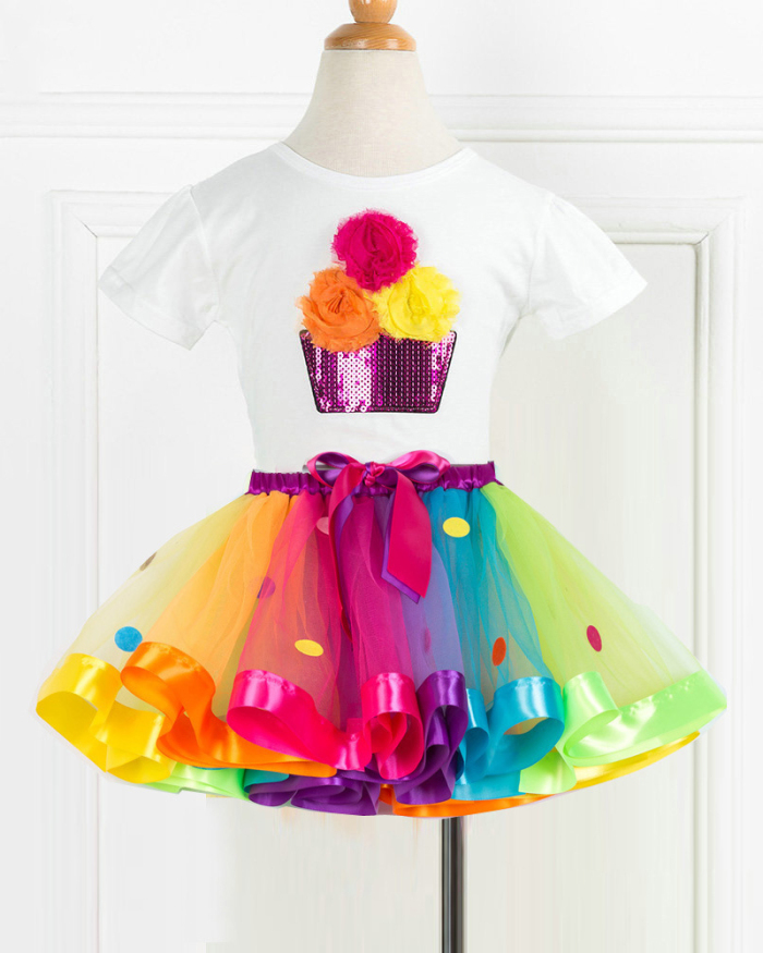 Summer Girls Rainbow Clothing Sets Casual Cotton Short Sleeve T-shirt+Rainbow Tutu Skirts