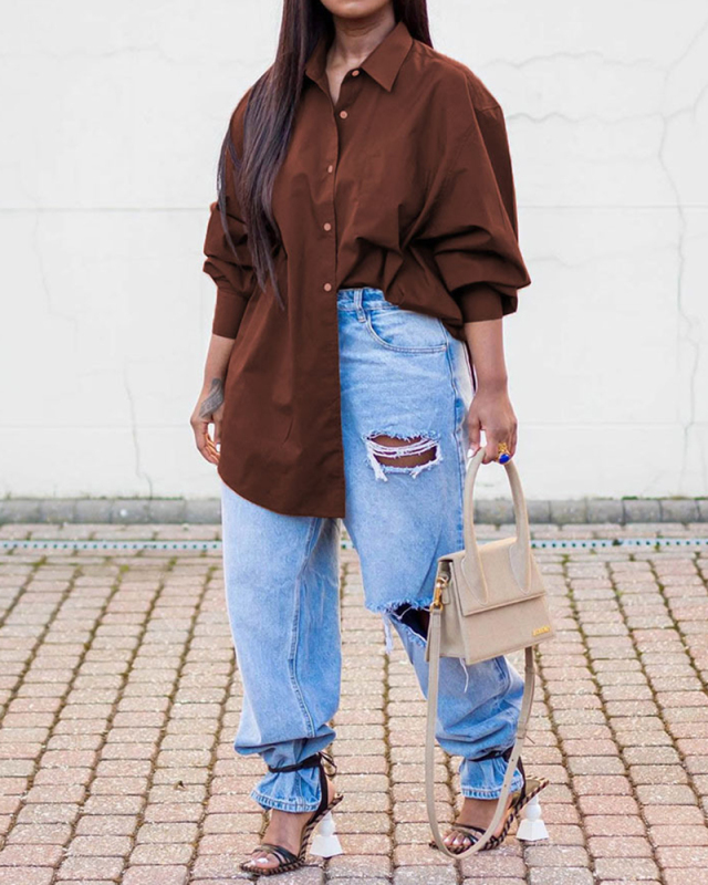 Womens Fashion Autumn Solid Color Long Sleeve Button Shirts Plus Size Top Shirts Blue Brown L-4XL