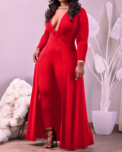 Fashion Women Clothes Solid Color Long Sleeve Deep V-neck Plus Size Jumpsuit Red Black L-4XL