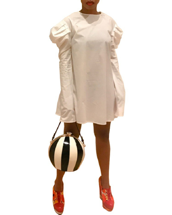 Ladies Fashion Hot White Pleated Crew Neck Long Sleeves Mini Dress S-XXL