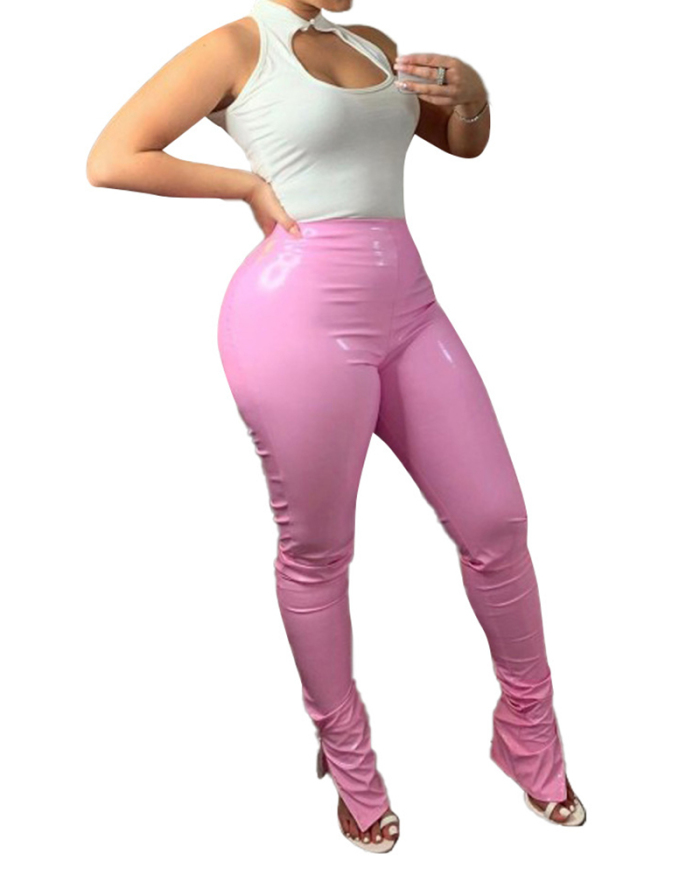 Women Sexy Slim Solid Color Flared Slit Leg PU Pants Pink Khaki Black Green S-2XL