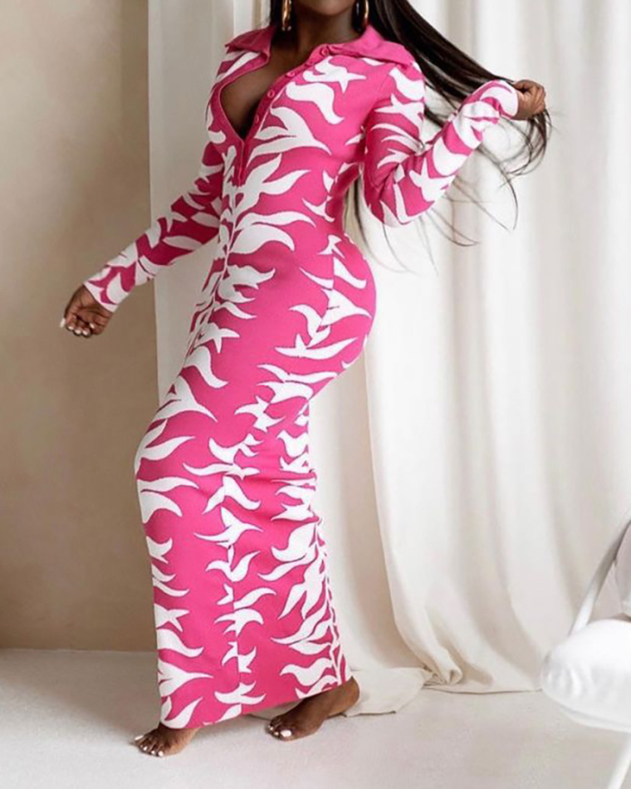 Women Sexy Printing V-Neck Colorblock Long Sleeve One Piece Dress Rose Red L-4XL 