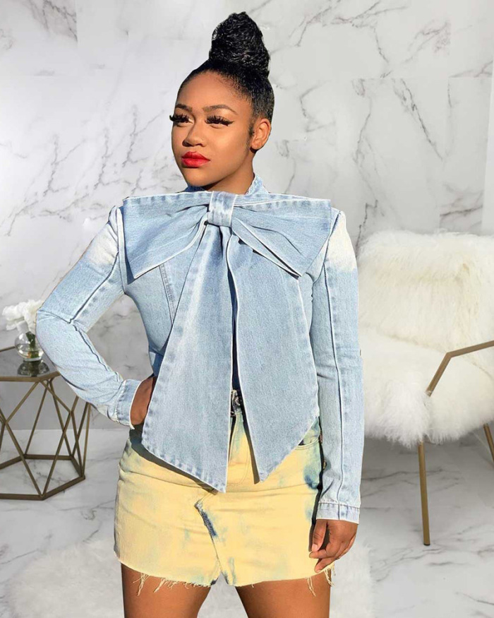 Women Autumn Sexy Ripped Bow Denim Jackets Jeans Vintage Casual Jean Jacket